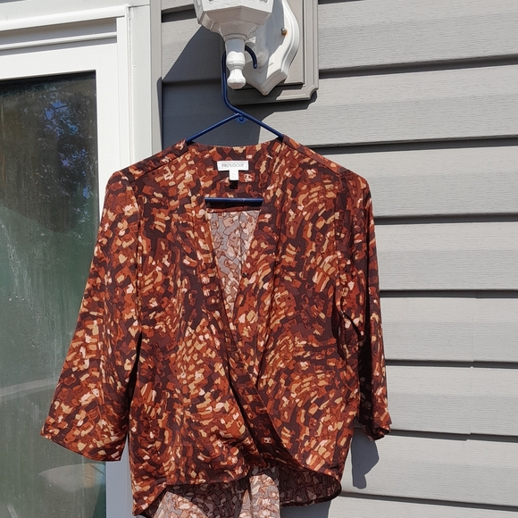 Prologue Brown Abstract Print Wrap Blouse XS - Picture 1 of 5